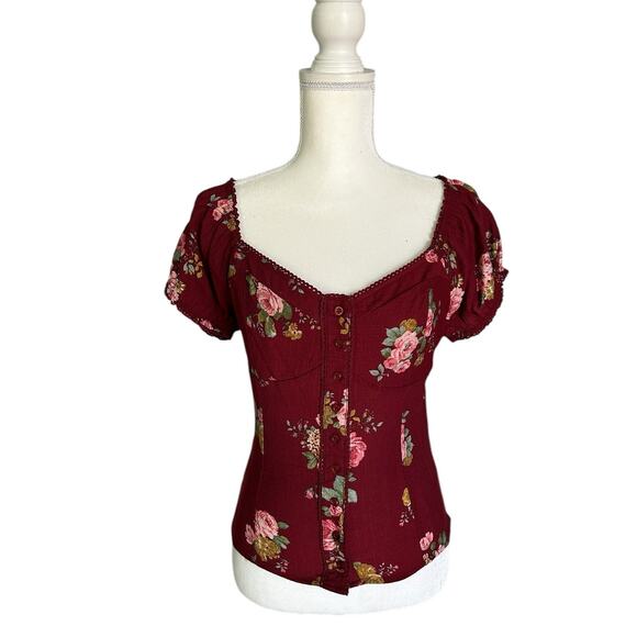 E Hanger M Peasant Red Smocked Back Sweetheart Neckline Blouse Size Large - Picture 2 of 11